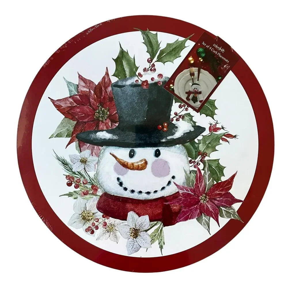 Christmas Cork Backed Hard Placemats 15in Holiday Snowman & Poinsettia 4pc New